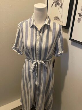 Sharagano Blue & White Striped Shirt Midi Dress with Tie Waist